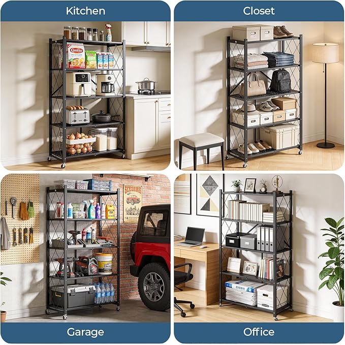 Upgraded 18% Thickened Portable 5-Tier Foldable Storage Shelves with Wheels Heavy Duty Storage Shelf Collapsible Shelves Unit Display for Garage Storage Kitchen Pantry & Closet Organizer, Black