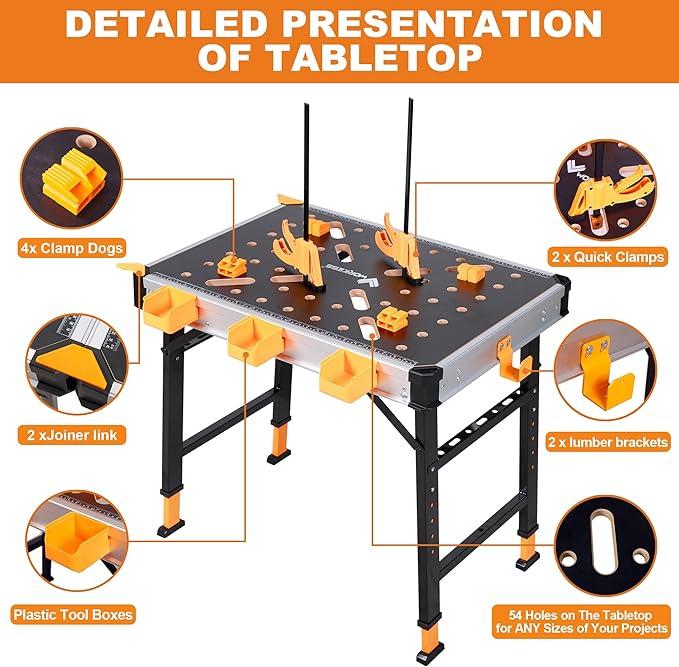 WORKESS Portable Workbench 1000Lbs Capacity 2026 Upgraded Adjustable 5 Level Height Heavy Duty Folding Work Table with 2 Quick Clamps, 4 Bench Dogs, 3 Tool Boxes for Garage Easy Storage