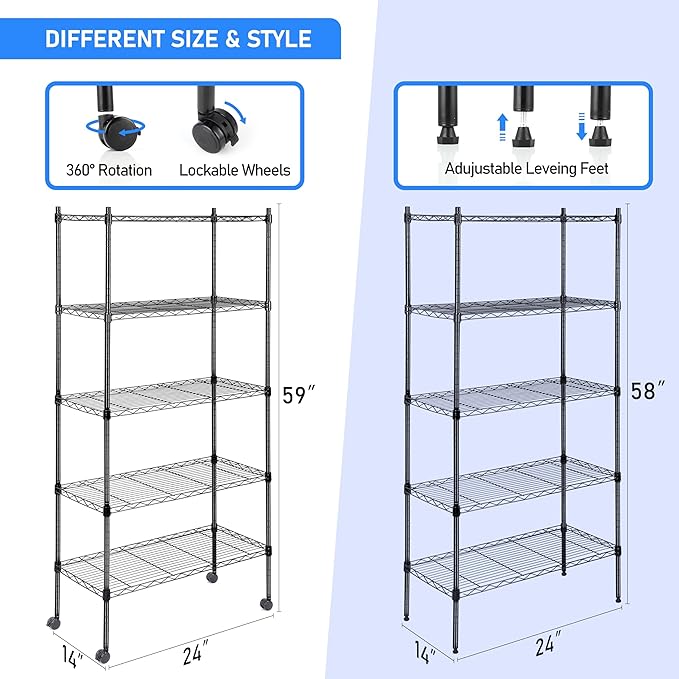 Simple Deluxe 5-Tier Storage Shelving Units, 24.02" W x 13.78" D x 59" H Wire Shelf with Wheels & Leveling Feet, Black