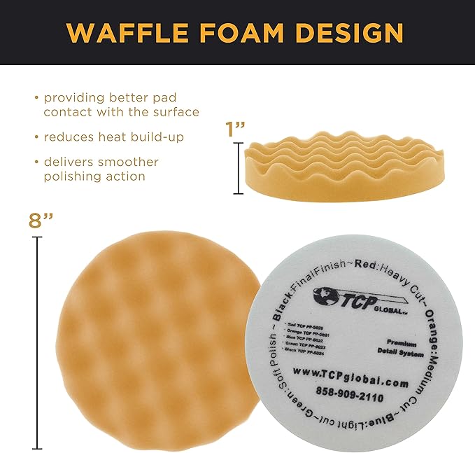 TCP Global Complete 3 Pad Buffing and Polishing Kit with 3-8" Pads; 2 Waffle Foam and 1 Wool Grip Pads and a 5/8" Threaded Polisher Grip Backing Plate