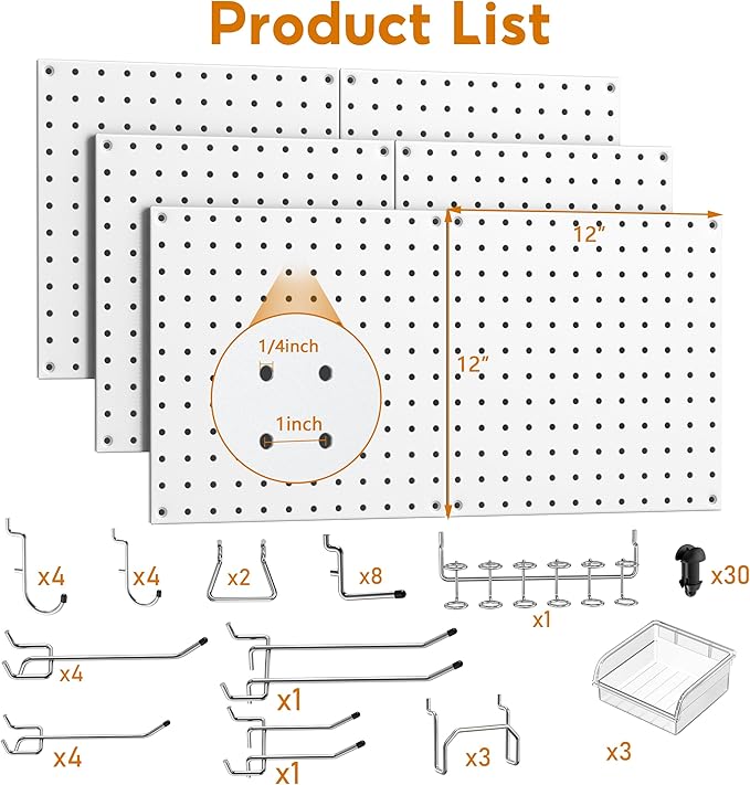 Peg Board, 70PCS Heavy Duty Metal Pegboard with Hooks, 6 Pack White Peg Board Panels, 50lbs Load Capacity Each, Pegboard Wall Organizer for Garage, Workshop, Craft Rooms Total 24” x 36”