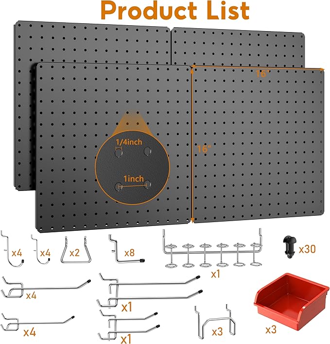 Peg Board,Total 32” x 32”, 68PCS Heavy Duty Metal Pegboard with Hooks, 4 Pack Black Peg Board Panels, 50lbs Load Capacity Each, Pegboard Wall Organizer for Garage, Workshop, Craft Rooms