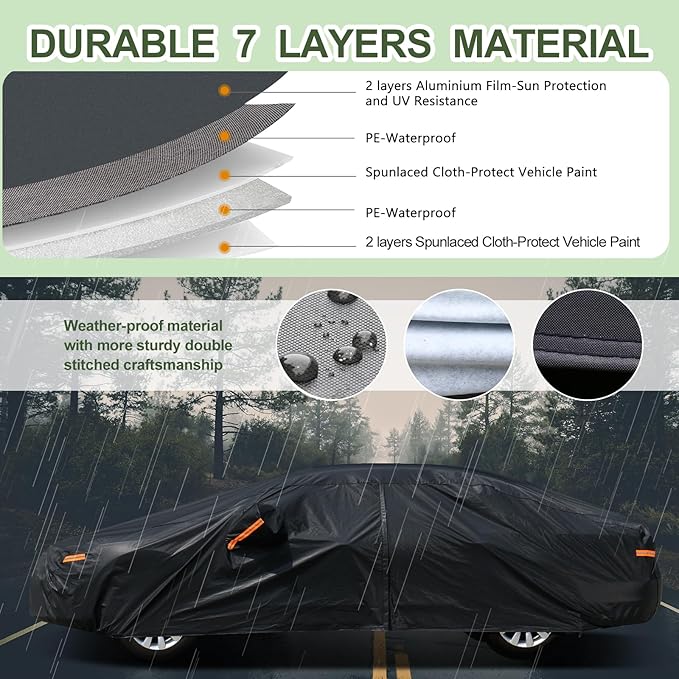 SEAZEN 7 Layers Car Cover Waterproof All Weather, Heavy Duty Car Cover for Automobiles with Zipper Full Exterior Cover Outdoor UV Snow Wind Protection, Universal Full Car Cover for Sedan 201" to 209"
