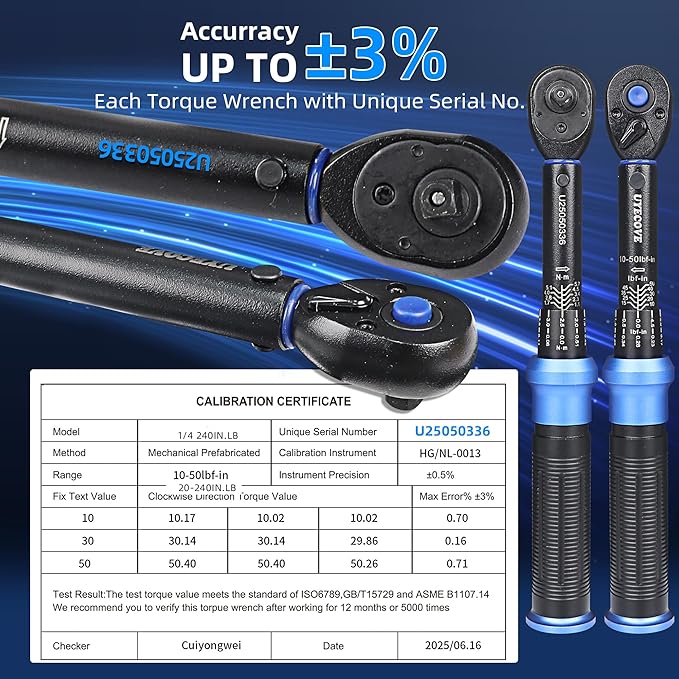 1/4 Inch Drive Click Torque Wrench 10-50 IN-LB,Dual-Direction Click Professional Torque Wrench 10-50IN.LB/1.1-5.7N.M, Dual Range Scales Graduated in FT.LB and N.M, Blue