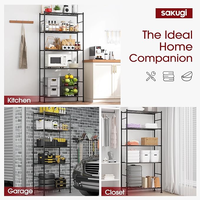 Sakugi Storage Racks - 2 Pack, 5-Tier Freestanding Steel Shelving Units with Reinforced Frame, Adjustable Garage Organization Shelves for Warehouse, Basement, Workshop, 33.5" x 12.6" x 72", Black