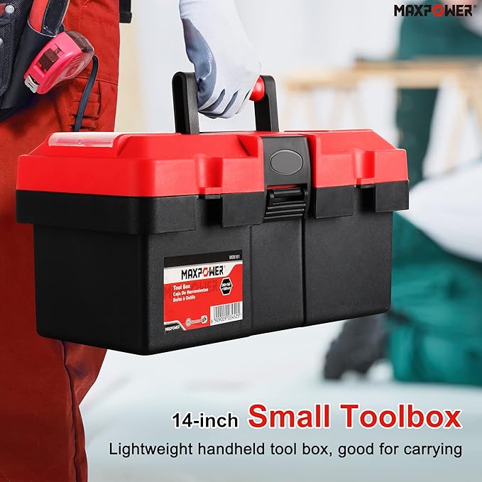 MAXPOWER Small Tool Box, 14-inch Plastic Tool Boxes with Handle, Removable Tray with Dual Lock Secured, Red Toolbox for Home
