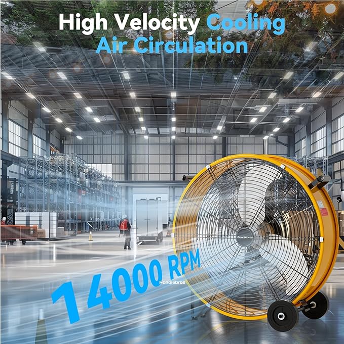 30 inch Industrial Drum Fan, 14000 CFM High-Velocity Heavy Duty Floor Fan with 3 Speeds & 5-Inch Wheels for Warehouse, Workshop, Factory & Garage – UL Listed