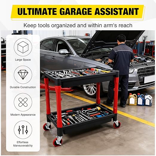 2-Tier Rolling Utility Cart with 4" Swivel Wheels, Heavy-Duty Plastic Tool Cart for Auto Detailing, Garage & Workshop