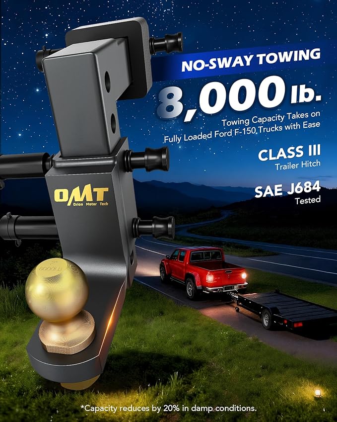 Orion Motor Tech Trailer Hitch Ball Mount, Adjustable Tow Hitch for 2" Receiver with 2" Ball 9-1/2" Drop 8-1/4" Rise 8000 lb. Capacity, Heavy-Duty Drop Hitch with 3 Locking Hitch Pins for Truck Boat