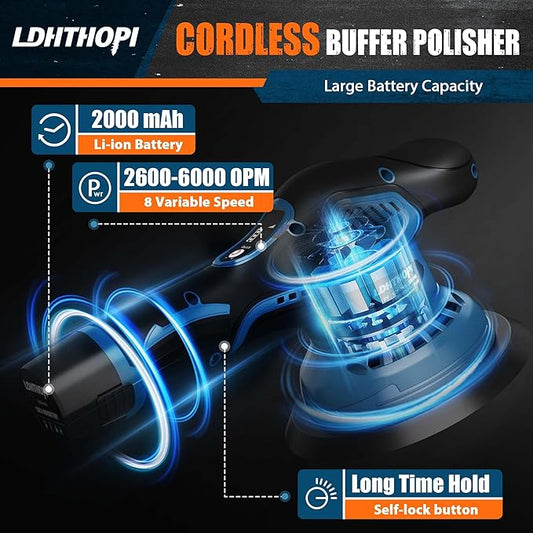 Cordless Polisher, 12V 2000mAh Battery Dual Action Polisher, 8 Variable Speed, 2600-6000OPM for Car Detailing, for Car, Boat, Wall, Floor, DIY (2 Batteries)