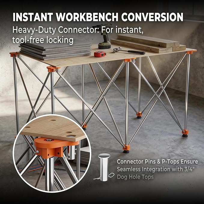 2'x4' Heavy Duty Portable Folding Workstand - 2,500 lbs Capacity Collapsible Workbench with Thickened Legs, Round Steel X-Braces & 4" Adjustable Leveling Feet - Instant Setup for Jobsite & Garage