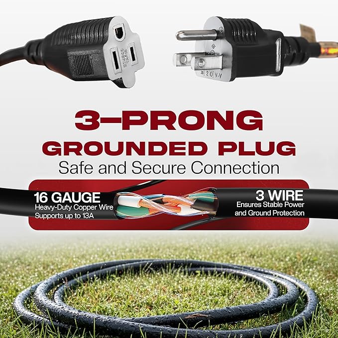 6ft Black Extension Cord, 16/3 SJTW Heavy-Duty, 3-Prong Grounded Plug, Weather-Resistant Power Strip Cable, UL Listed, 13 Amp/1625 Watt Capacity, 6-Foot Extension Cords for Indoor & Outdoor Use