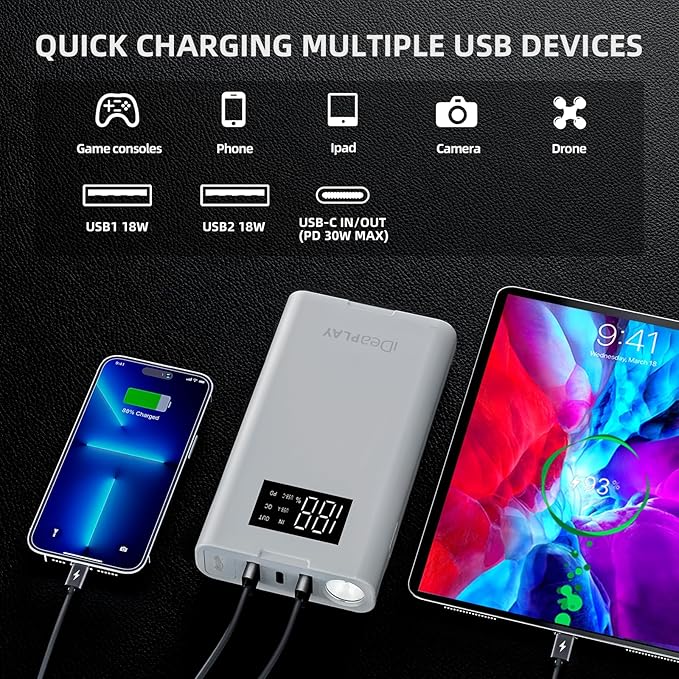 IDEAPLAY Jump Starter, 1500A Car Battery Jump Starter Portable for Up to 7.0L Gas and 5.5L Diesel Engine,Type C Fast Charging Battery Jumper with LED Flashlight
