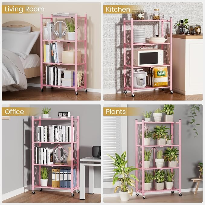 ALANNG Heavy Duty 4-Tier Folding Shelf with Wheels, No Tools Assembly Metal Storage Rack Cart, 264LBS Capacity for Kitchen, Pantry, Laundry Room, Garage, (Pink, 2PACK)