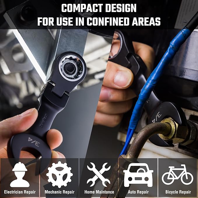 DURATECH Stubby Flex-head Ratcheting Combination Wrench Set, SAE, 8-piece, 5/16" to 3/4", CR-V Steel, Black Electrophoretic Coating, with Rolling Pouch