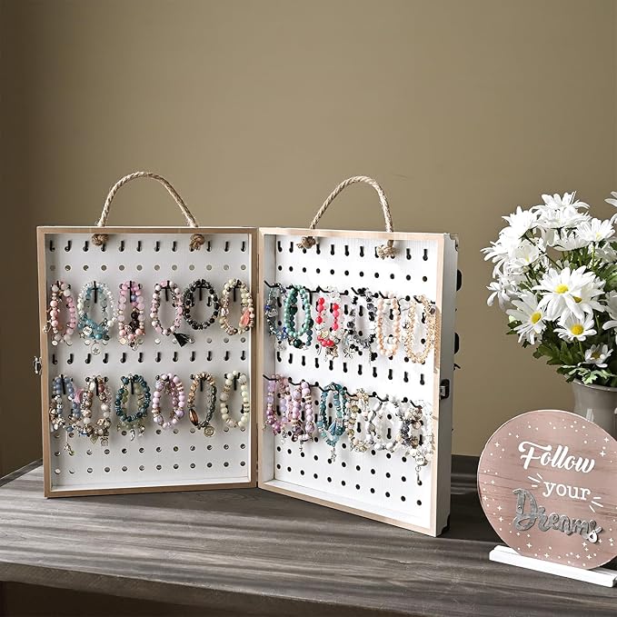 MOOCA Wooden Foldable and Portable 2 Panel Pegboard Jewelry Display Organizer with 48 Removable Black Metal Hooks & Convenient Rope Handle for Easy Carrying, Dual-Sided Panels for Hanging, White Color