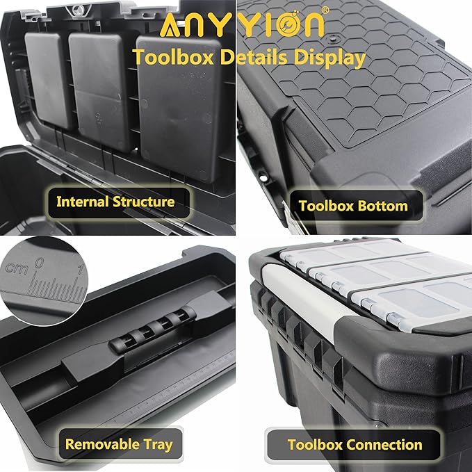 Anyyion 17-Inch Tool box with Removable Tray with Stainless Steel Dual Lock Secured,Small Parts Box, Metal Handle is Truly Rugged（Internal:15.67"L x 7.56"W x 6.7"H)
