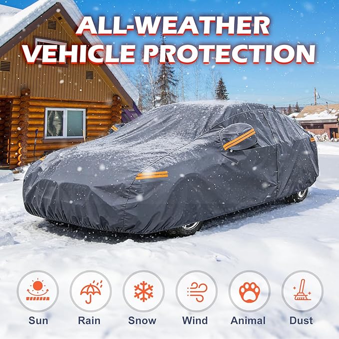 Coverlex Car Covers for Automobiles All Weather Waterproof for Mid-Size Sedans, 6 Layers Heavy Duty Car Tarp Universal Fit for Chevy Malibu, Ford Fusion, Kia Stinger K5/Optima, Mazda 6