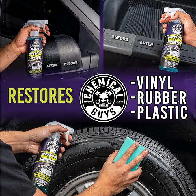 Chemical Guys Galactic Black Wet Look Tire Shine Dressing – High Gloss Tire Spray for Trim & Rubber – Restores Deep Black Shine and Protection for Cars, Trucks, Motorcycles and RVs, 16 oz