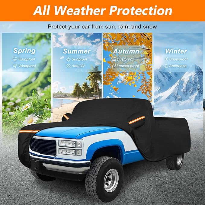 Car Cover for Chevrolet C10 C20 K10 K20 1960-1991, All Weather Waterproof 420D Oxford Cloth with Cotton Lining, Outdoor Car Cover with Windproof Straps, Heavy Duty Sun Rain Snow Protection