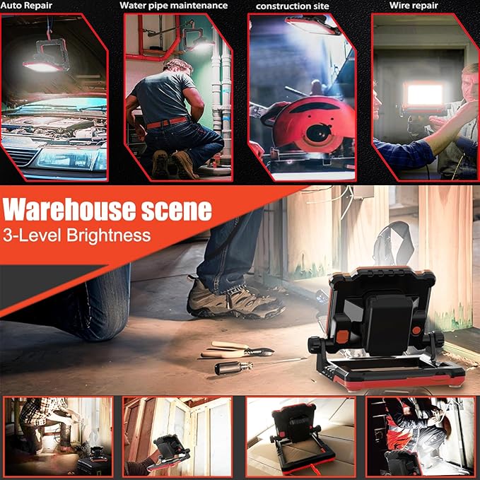 20W 3000LM Cordless LED Work Light, Compatible with Dewalt, Milwaukee and Makita 18-21 V Battery, Foldable Magnetic Base, Brightness Dimmable (Light Only/Charger Not Included)