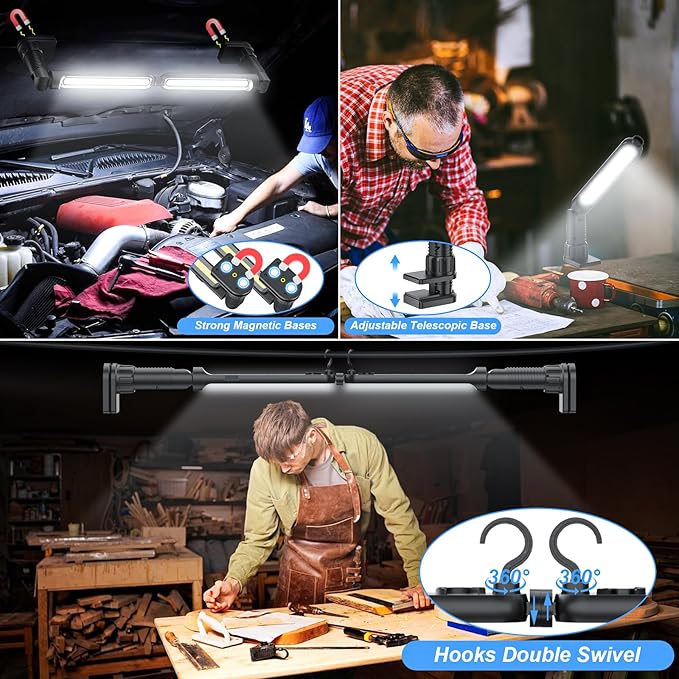 Work Light for Mechanic 3200LM LED 5000mAh Rechargeable Magnetic Light Bar with Hooks, Underhood Work Lights for Car Repairing, Inspection, Garage, Workshop, Emergency - 2-Pack