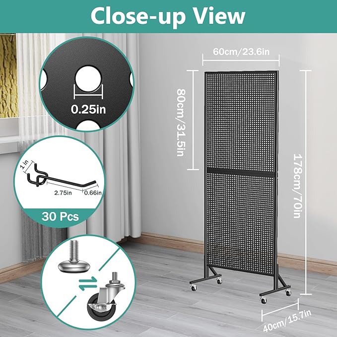 Peg Board Display Stand 24" X70” Metal Pegboard on Wheels Standing Rack Organizer Panels Units with 30 Hooks and T-Base for Ornament Retail & Vendors Craft Show Store Display
