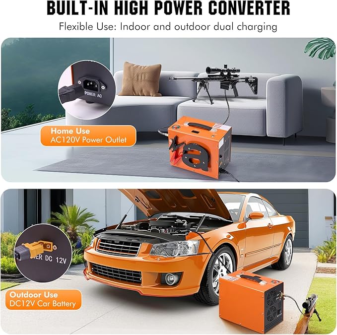 PCP Air Compressor with Atuo Shut-Off, Portable 4500Psi/30Mpa, Water/Oil-Free, One Button Start, Bursting Disc, 12V DC/120V AC PCP Airgun Compressor, Rifle/Pistol and Paintball Tank Air Pump (Orange)