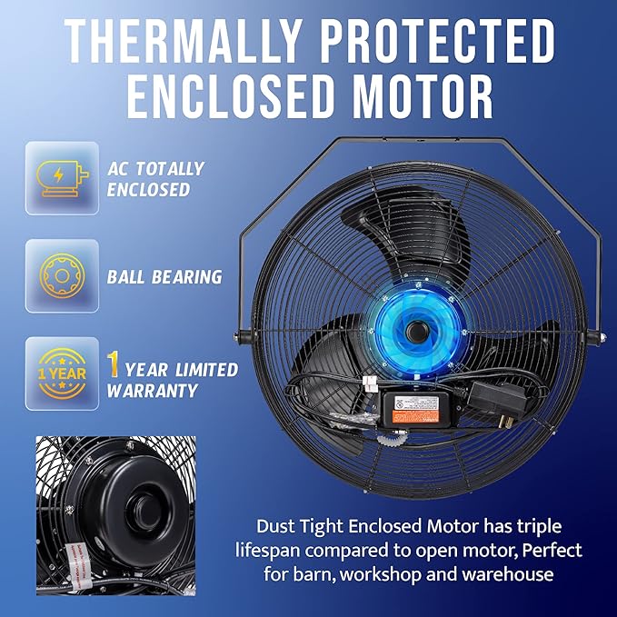 Tornado 20 Inch Outdoor Rated IPX4 Water-Resistant High Velocity Fan Industrial Workstation Wall Mount Fan For Commercial, Industrial, Residential, Greenhouse Use 3 Speed 4750 CFM UL Safety Listed