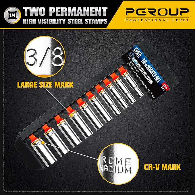 10PCS 1/4” Drive Deep Socket Set, SAE (3/16"-9/16"), 6-Point, Cr-V Steel, Chrome Plated Socket With Hanging Bracket, Cover Most Commonly Sizes