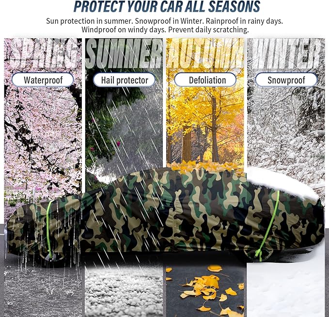 BYDOLL Car Cover Waterproof All Weather 6 Layers Snowproof Windproof Hail Protector Full Exterior Covers UV Protection 210D Oxford Universal Fit Sedan Outdoor Camo Automobiles Zipper Cotton Inside