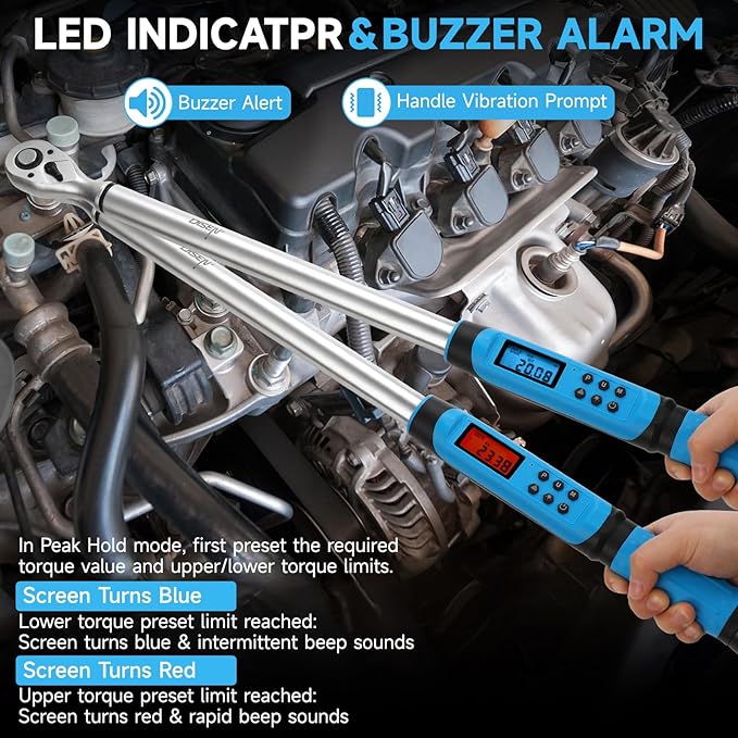 DISEN 1/2 inch Digital Torque Wrench (17-340 N.m / 12.5-250.8 Ft.lb), ±2% Accuracy, 4 Modes with Adjustable Limits, Blue/Red Alarm & Buzzer, 5 Units, for Automotive Motorcycle Bicycle Repair