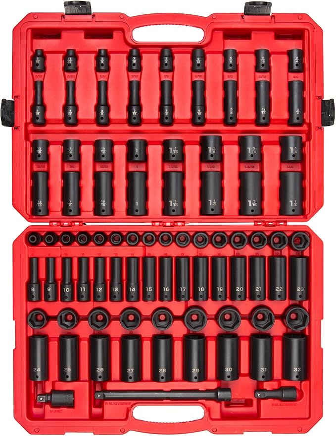 TEKTON 1/2 Inch Drive Shallow and Deep 6-Point Impact Socket Set with Case, 87-Piece (5/16-1-1/4 in., 8-32 mm) | SID92407