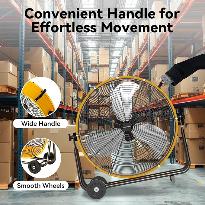 24 Inch Industrial Drum Fan 8800 CFM High Velocity Floor Fan for Garage, Warehouse & Workshop - 3-Speed Heavy Duty Metal Fan with 360° Tilt, Wheels & UL Safety Listed