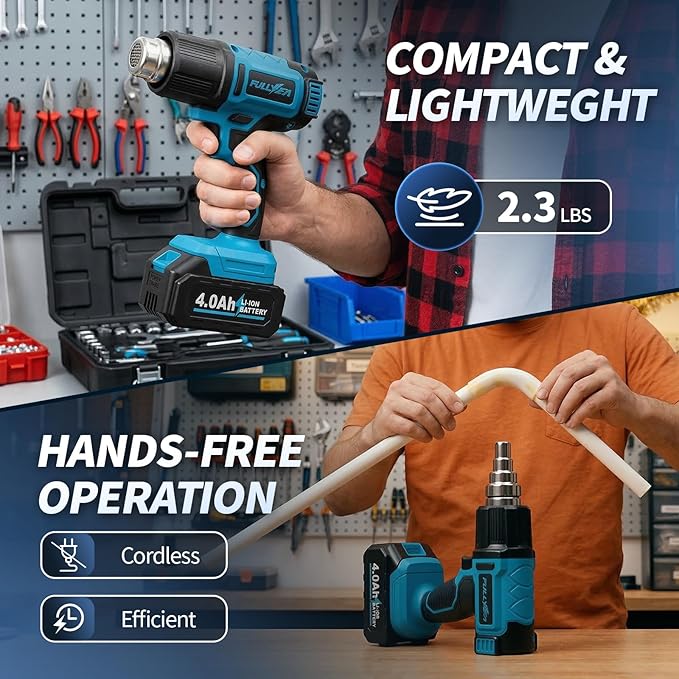 FULLYEA Cordless Heat Gun, 140℉-1004℉ Fast Heating, Hot Air Gun with Digital LCD Display, Portable Heat Guns with 2 * 4.0Ah Batteries & Charger, Handheld Heating Gun Kit for Shrink Tubing, Crafting