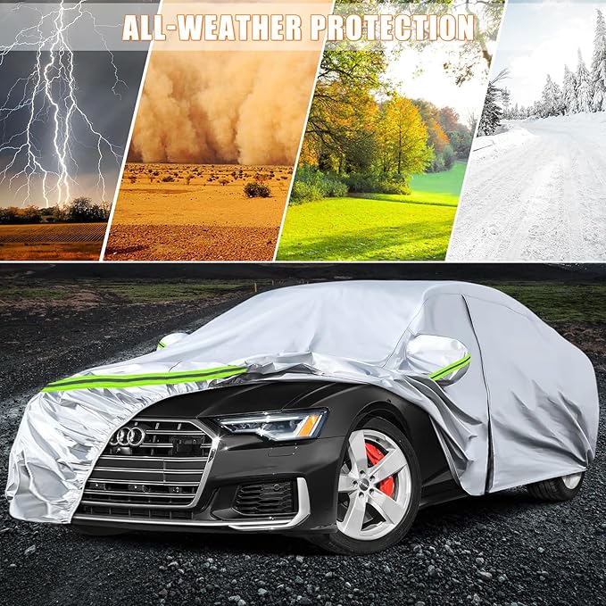 Waterproof Car Covers Replace for 2004-2025 Audi A6/S6, 6 Layers Silver All Weather Custom-fit Car Cover with Zipper Door & Windproof Bands for Snow Rain Dust Hail Protection