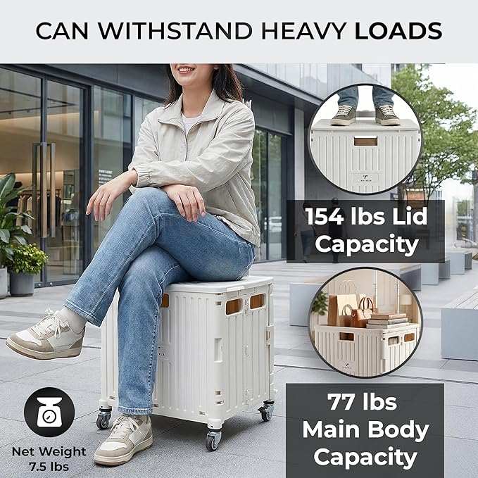 Rolling Cart for Teachers – Collapsible Cart with Wheels, Foldable Utility and Grocery Cart on Wheels for Classroom, Office, Travel, Tool Box, and Move Luggage (White)