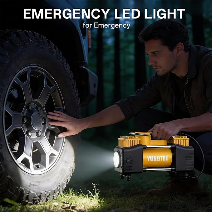 YUNGTEE Yellow Tire Inflator Heavy Duty Double Cylinders Direct Drive Inflation Pump,12V Portable Air Compressor Pump with Emergency LED Light - 150PSI Tire Pump,Apply to Car,Suv,RV