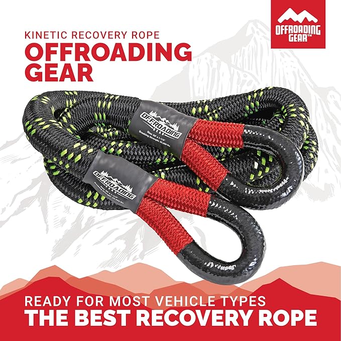 Offroading Gear 4x4 20'x7/8" Kinetic Recovery Rope & Tow Rope Kit| Black (28,600 lbs) | Elastic Snatch Strap | Heavy-Duty Loops | Truck |ATV| UTV| Car| SUV| Etc.