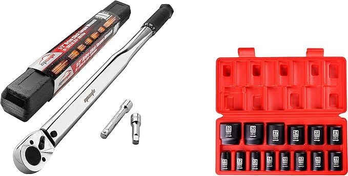 EPAuto 1/2-Inch Drive Click Torque Wrench 1/2-Inch Drive Metric Shallow Impact Socket Set, Cr-V
