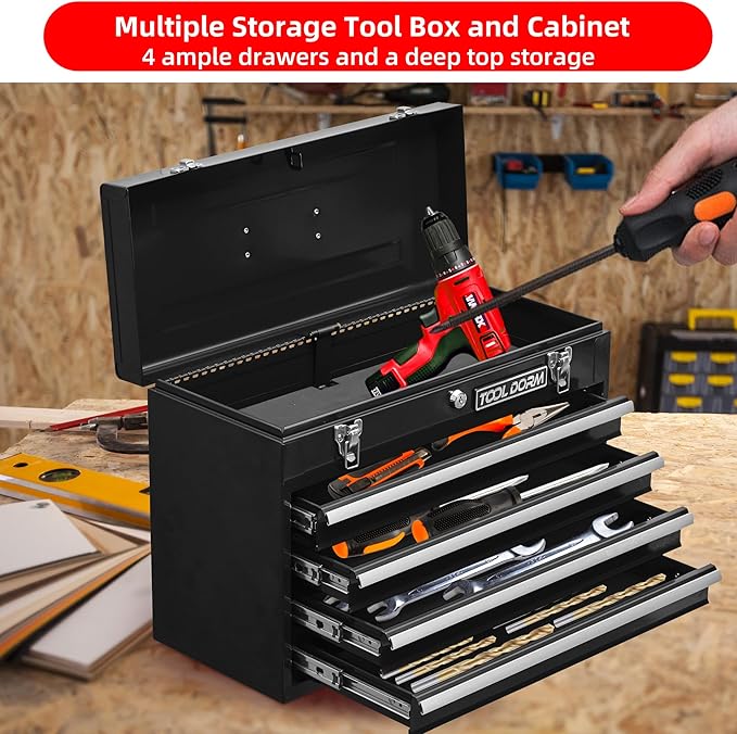 Metal Tool Box with 4 Drawers Portable Steel Tool Chest with Metal Cylinder Lock and Latch Closure, liner, Black and Red two color Powder coating, suitable for Garage, Warehouse and Outdoor Repair job