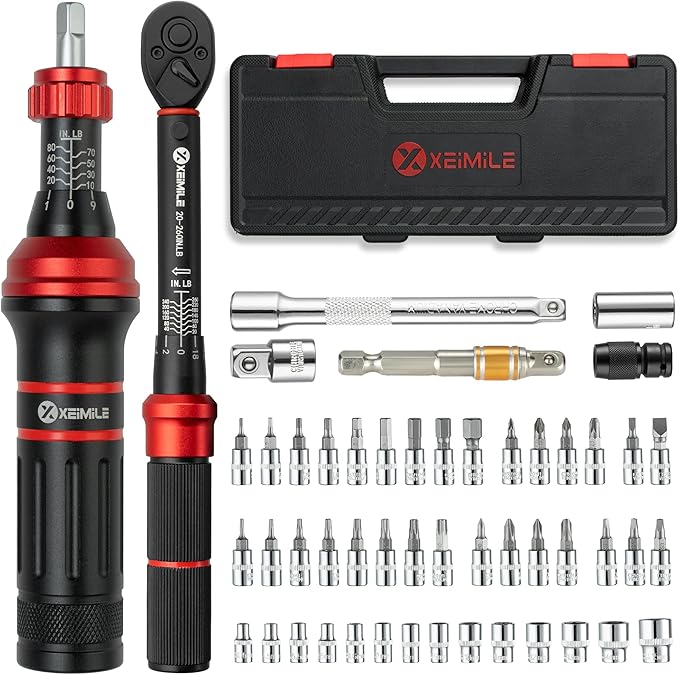 52Pcs Torque Wrench and Screwdriver Set-20-260In.Lb, 2.3-29.4N.m 1/4" Drive Small Torque Wrench,10-80 Inch Pound Torque Screwdriver,72T Dual Range, with Bits Sockets For DIY Bike Gunsmithing