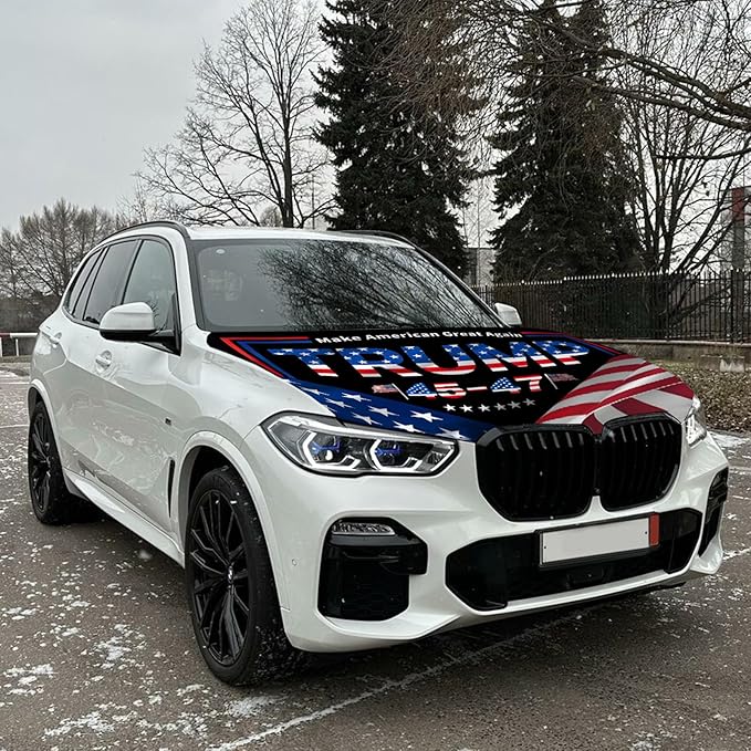 Hood Flag Cover - 59x51 in Car Hood Cover with 2 Adjustable Fasteners, Patriotic Car Flag Universal Fit for Trucks, SUV, Patriotic America Flag Cars Decor