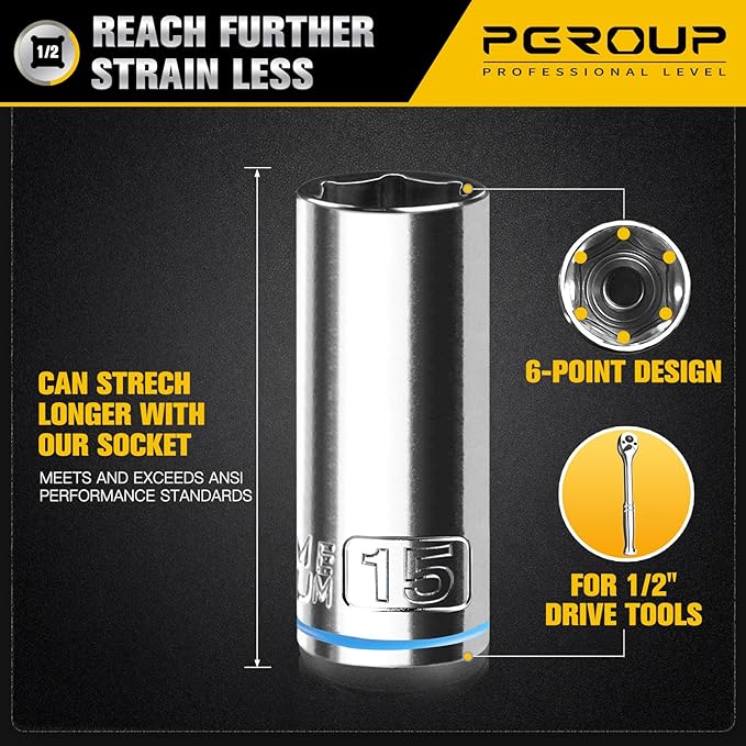 10PCS 1/2” Drive Deep Socket Set, Metric (10mm-19mm), 6-Point, Cr-V Steel, Chrome Plated Socket With Hanging Bracket, Cover Most Commonly Sizes
