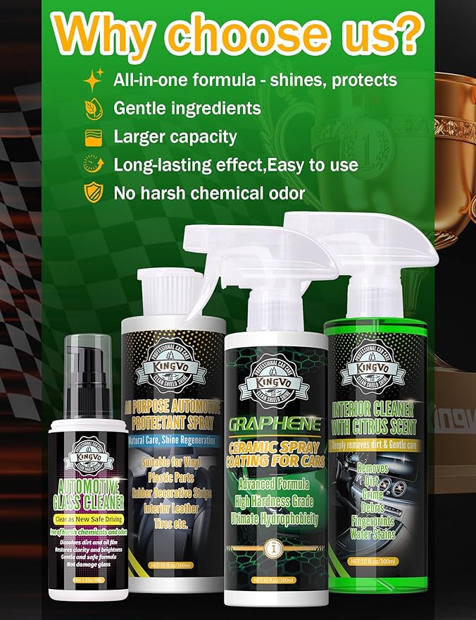 Kingvo Ceramic Spray Coating for Cars, Ceramic Coating Wax Spray,Clear Coat for Car Graphene-Shine Extremely Hydrophobic Automotive Care Polishing Kit,10 OZ