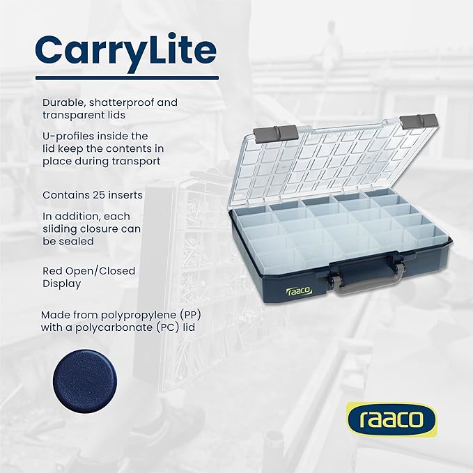 Raaco CarryLite Deep Small Parts Organizer Box – 3.2 Inch Height – 25 Inserts – Anti-Mix U-Profile Lid for Screws, Bolts & Nuts – Secure Sliding Lock – Portable Hardware & Tool Storage (CarryLite 80)