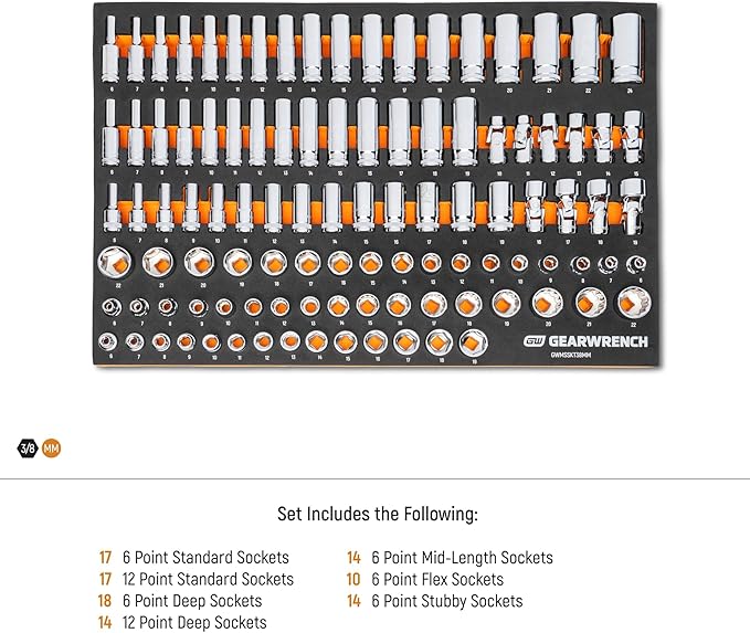 GEARWRENCH 104 Piece 3/8” Drive Master Metric Socket Set in Foam Storage Tray - GWMSSKT38MM