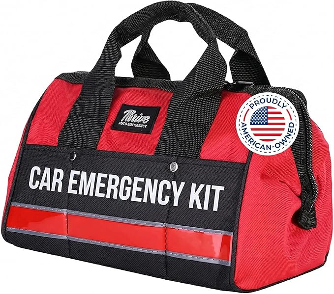 Thrive Car Emergency Kit & Roadside Emergency Car Kit - 104-Piece Set, Red Canvas Bag, Universal Fit - Jumper Cables, Escape Hammer & Tire Gauge - Road Trip Essentials & Emergency Supplies