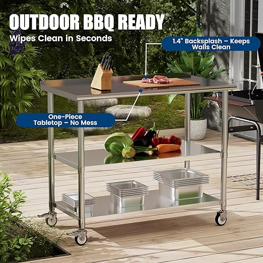Stainless Steel Work Table with Wheels, 24x60 Inch NSF Food Prep Table with Backsplash & 2 Adjustable Undershelves for Commercial Kitchen, Restaurant, Garage