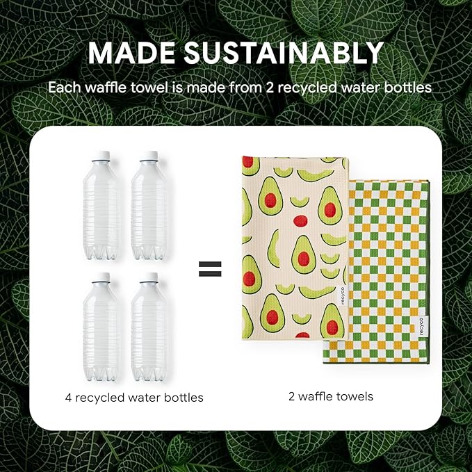 RECYCO Waffle Kitchen Towel Set of 2 - Quick Dry Microfiber Sustainable Dish Towels - Ultra Absorbent Reusable Cleaning Tea Towels - Lightweight Hand Towels,16”x 28”, Avocado Vibes